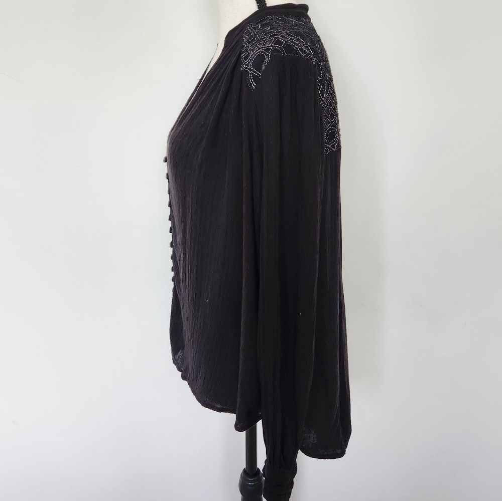 FREE PEOPLE Canyon Rose Embroidered Boho Hi Lo Blouse Black Whimsigoth Grunge XS - Picture 5 of 15